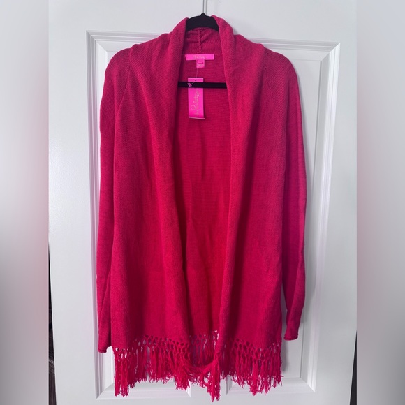 NWT Lilly Pulitzer Tatum Long Fringe Hem Cardigan SZ S Ruby Red Metallic - Picture 6 of 16
